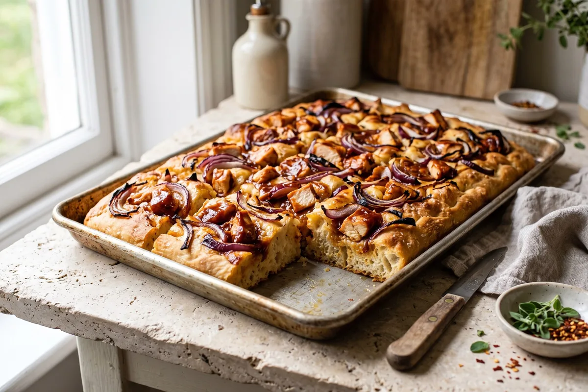 BBQ Chicken & Red Onion Focaccia (American-Inspired) — freshly baked