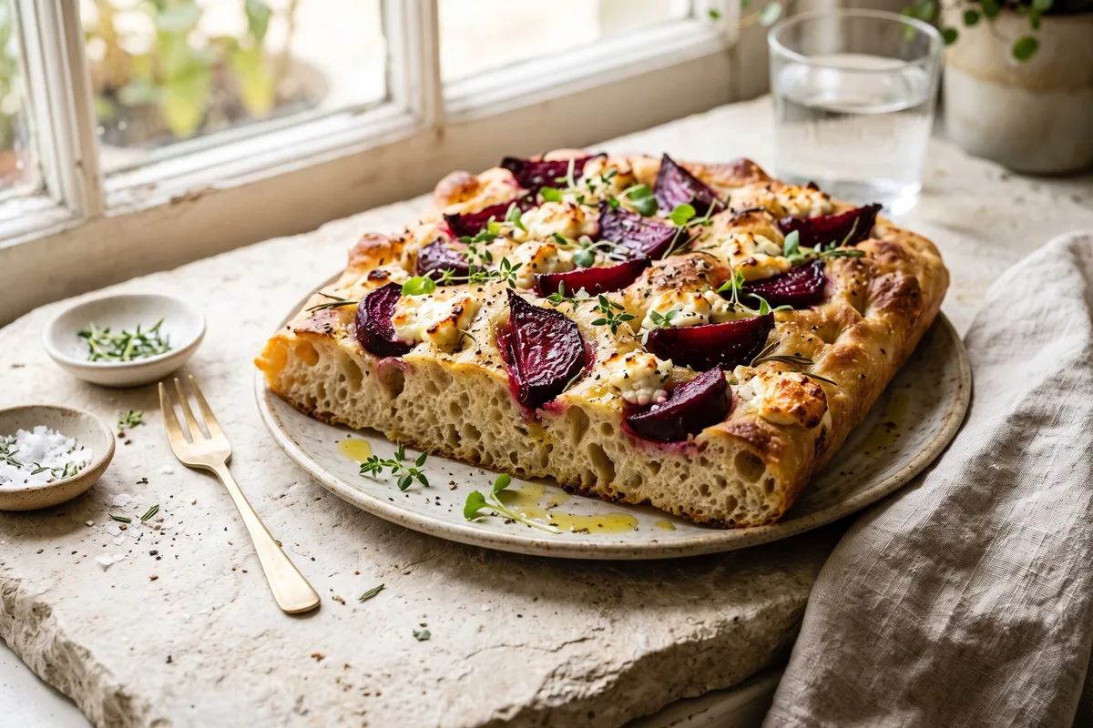 Roasted Beetroot & Goat Cheese Focaccia (Australian-Inspired) — freshly baked