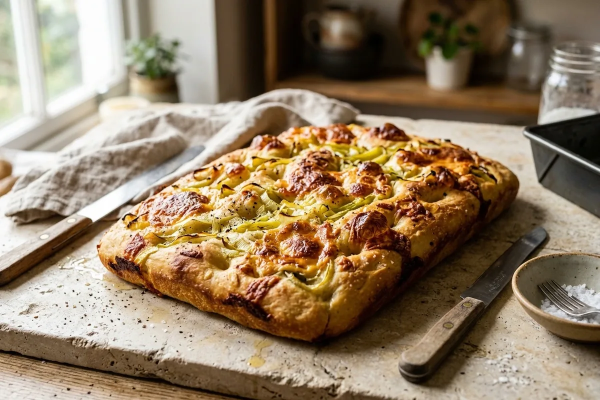 Cheddar & Leek Focaccia (British-Inspired) — freshly baked
