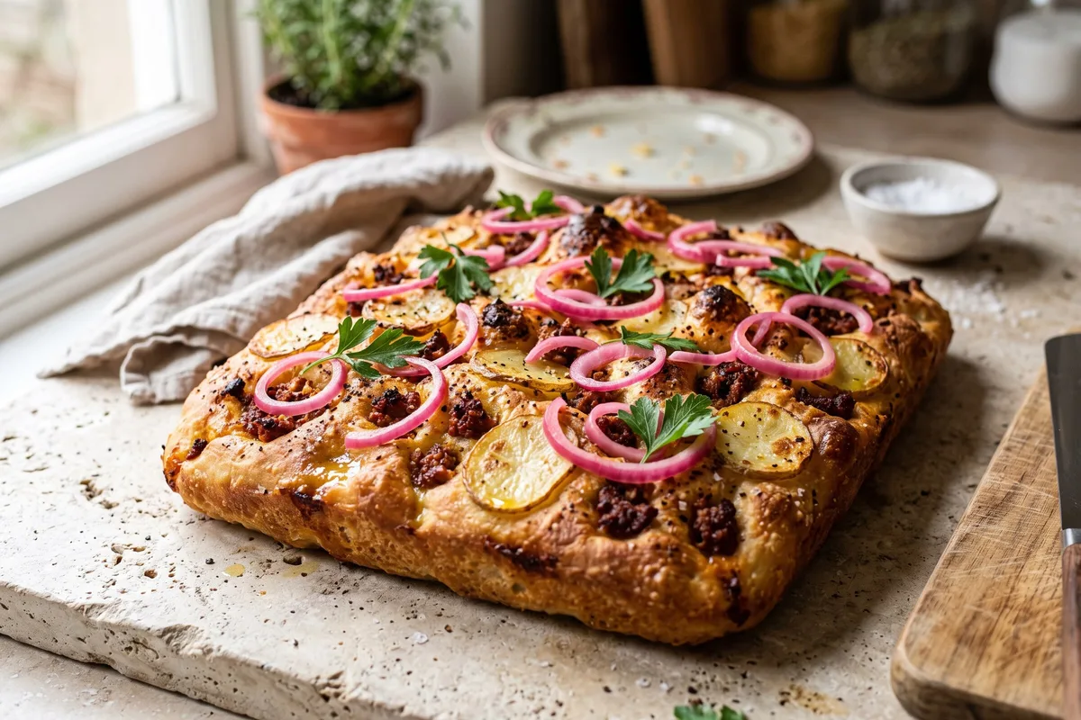 Chorizo, Potato & Pickled Onion Focaccia (Mexican-Inspired) — freshly baked